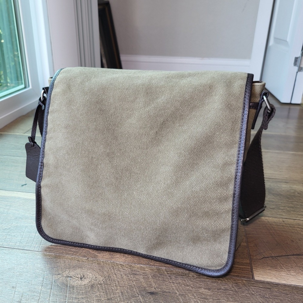 Levenger Olive Green Canvas & Brown Leather Trim Messenger Crossbody Bag